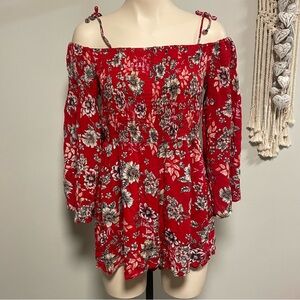 Patrons Of Peace Boho Floral Romper Smocked Off Shoulder Red Flare Bell Sleeve